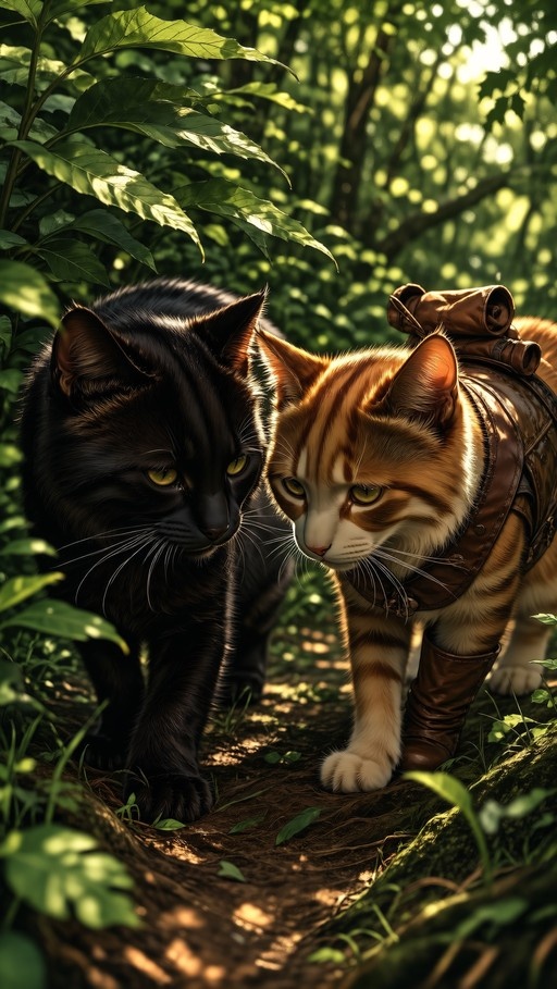 A black cat and an orange tabby wearing leather boots and a backpack walk side-by-side along a sunlit forest path surrounded by green leaves.