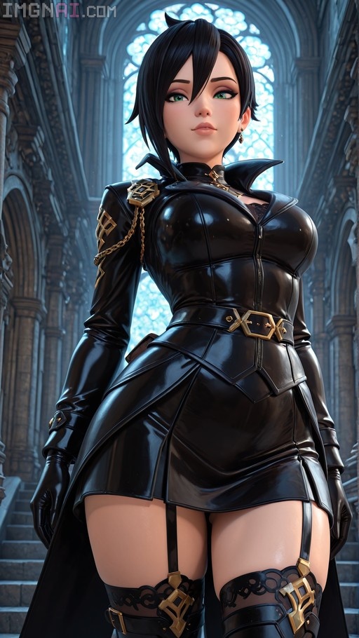 A female Hyur character with short black hair and green eyes stands in a grand hall wearing a shiny black leather outfit with gold accents.