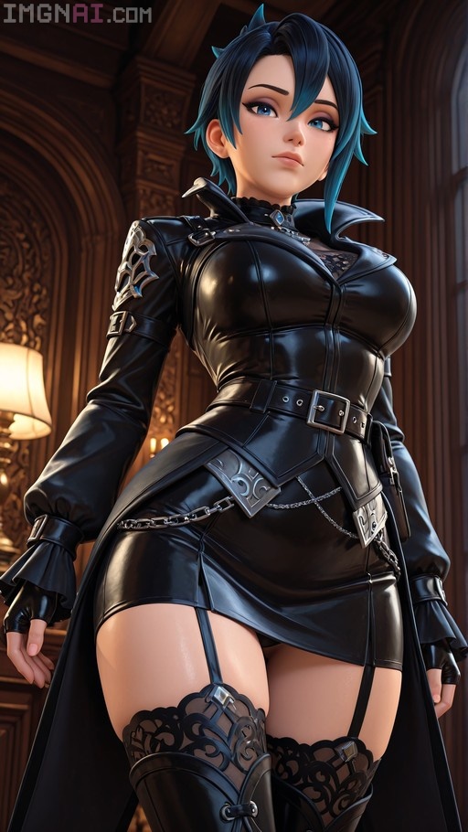 A blue-haired female necromancer with pointed ears stands in a library wearing a black leather corset and skirt with thigh-high stockings.
