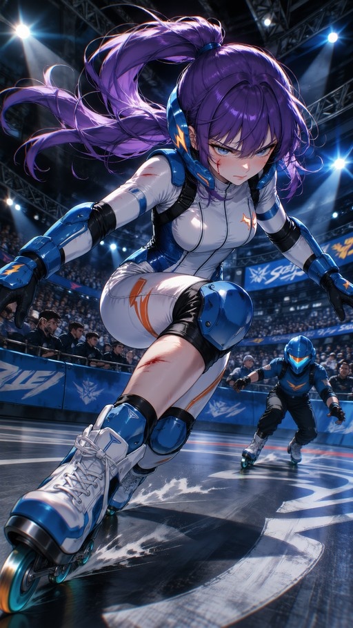 An anime girl with long purple hair in a ponytail wearing a white and blue racing suit and helmet is roller skating on an indoor track. She has scrapes on her face and leg and is looking forward intensely while another skater follows behind.