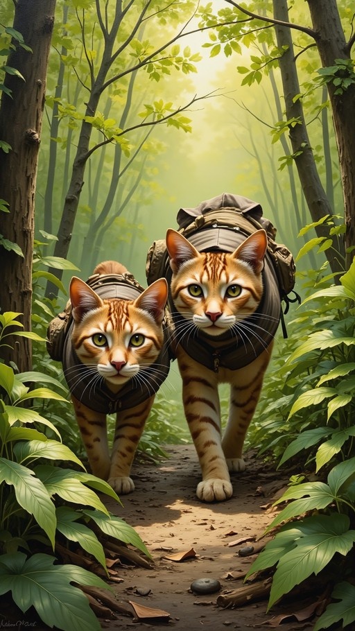 Two orange tabby cats wearing large hiking backpacks walking towards the viewer on a dirt path in a sunlit forest.