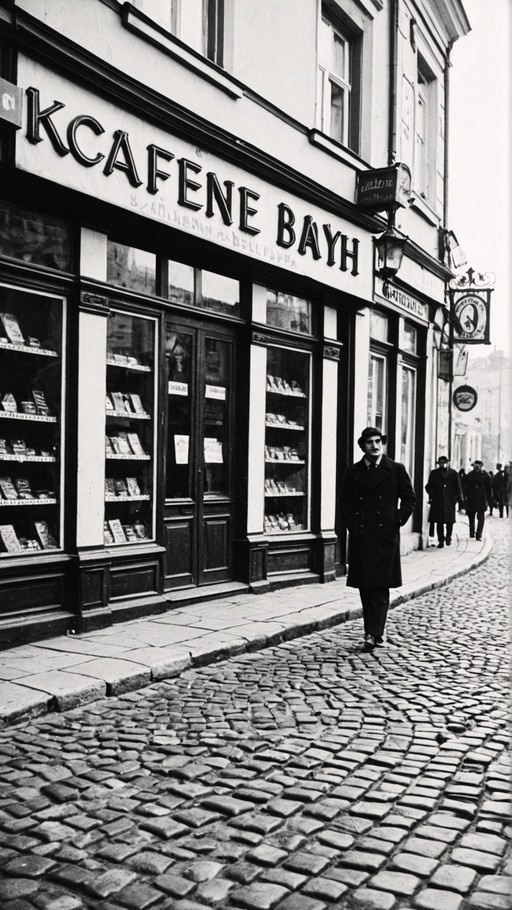 A monochrome photograph shows a man in a dark coat and hat walking past the Kafene Bayh storefront on a curved cobblestone street.