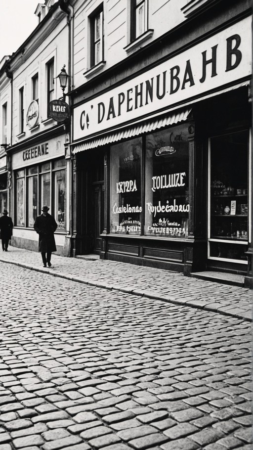 A black and white photograph showing a man walking on a cobblestone sidewalk past storefronts with Cyrillic signs.