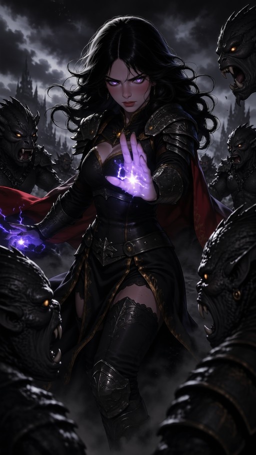 A dark-haired sorceress in black armor casts purple magic from her hands while surrounded by snarling goblin monsters under a cloudy sky.