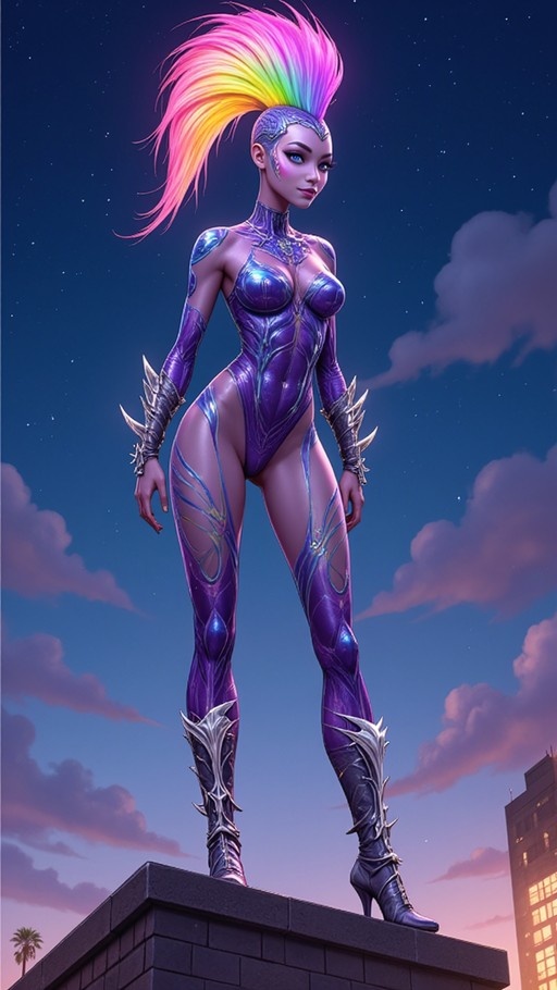 A purple-skinned female character with a tall rainbow mohawk stands on a rooftop at night, wearing a shiny purple bodysuit and spiked armor against a starry sky.