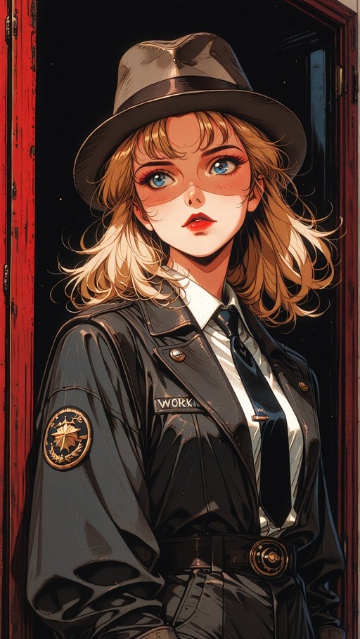 A blonde woman with blue eyes and freckles wearing a police uniform, black tie, and fedora hat, standing in a doorway.