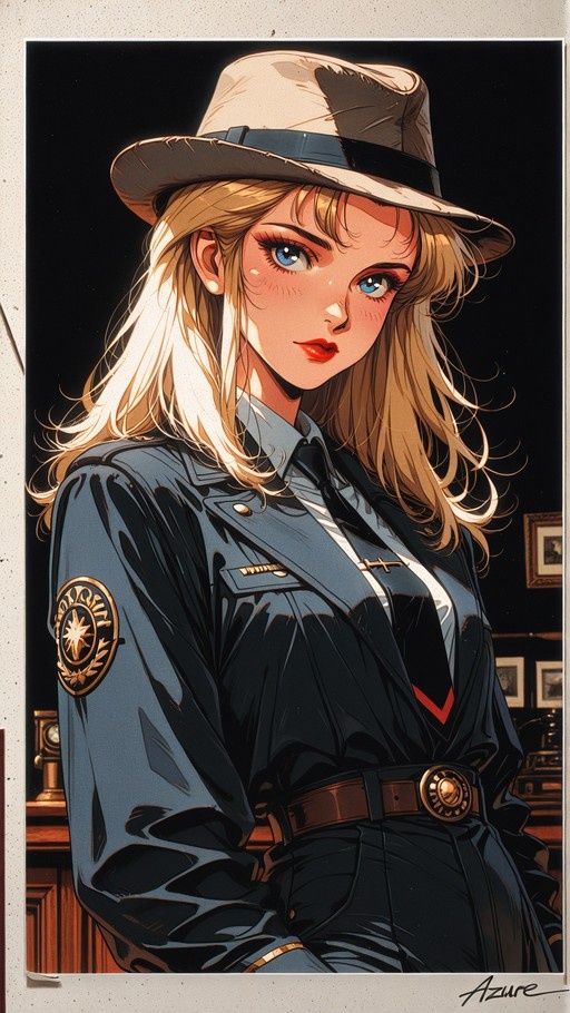 Blonde anime-style police officer in a fedora and uniform looking at the viewer.