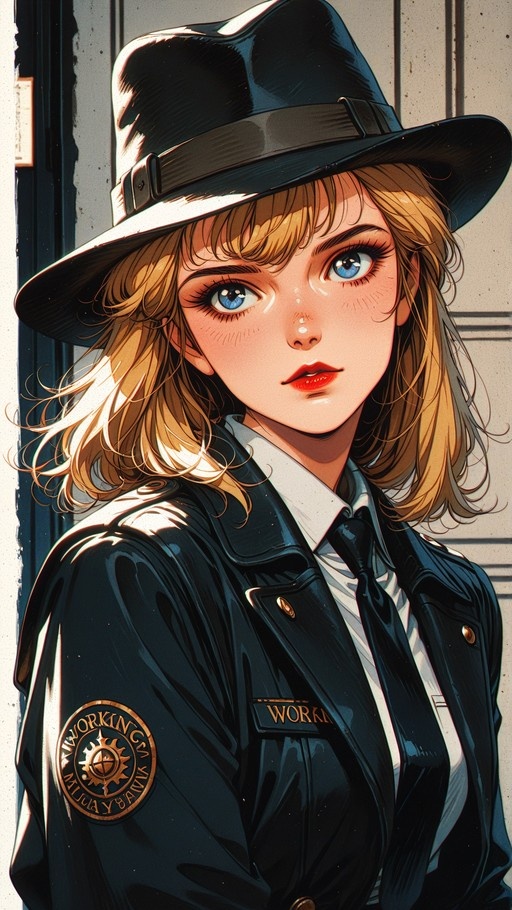 A close-up digital illustration of a blonde woman with blue eyes wearing a black fedora and a dark police uniform jacket with a necktie, rendered in a retro 1980s anime art style.