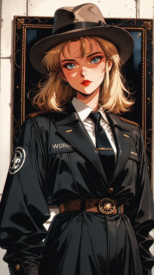 A blonde anime-style woman in a black trench coat and fedora looking at the viewer, framed in gold.