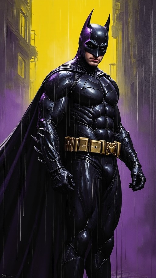 Batman stands in a shiny black suit with a gold belt and cape against a yellow and purple background.