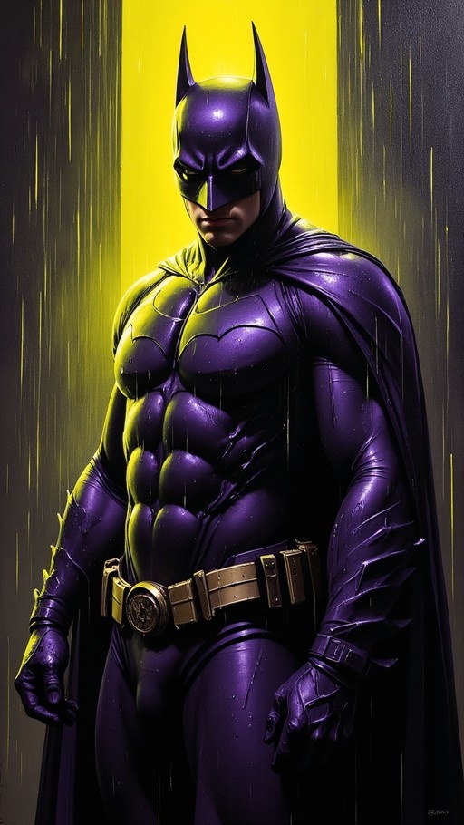 A digital illustration of Batman in a shiny purple bodysuit and cowl standing in the rain against a yellow background, rendered in a western comics style.