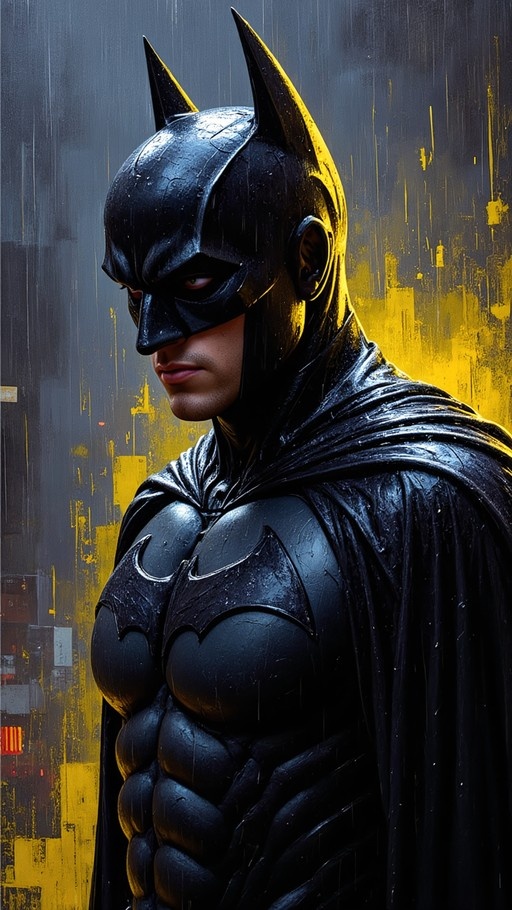 Batman wearing a black cowl and cape standing in the rain with yellow lights in the background, his eyes glowing red.