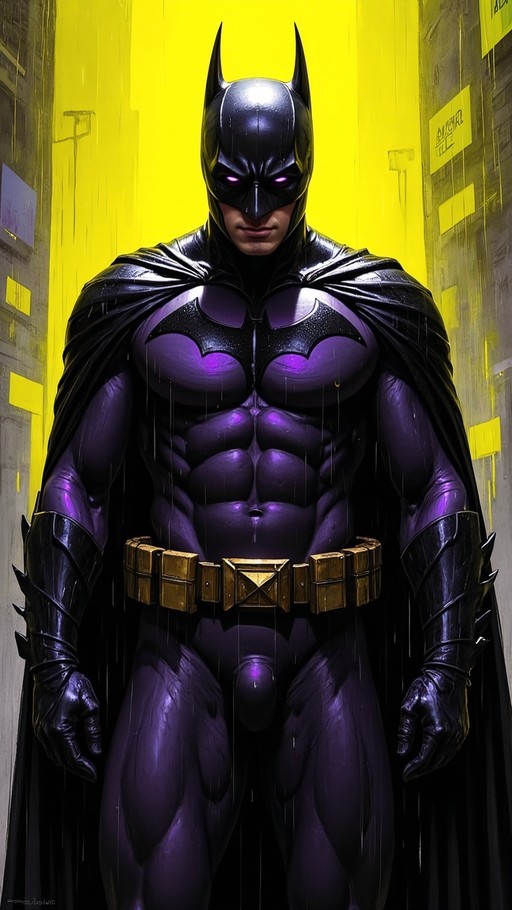 A muscular man dressed as Batman in a purple bodysuit and black cape stands in a rainy alley with yellow walls.