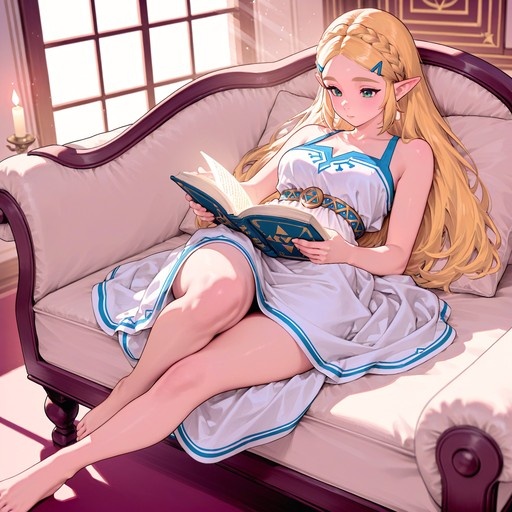 Princess Zelda with long blonde hair and pointy ears reclines barefoot on a white couch reading an open book in a sunlit room.