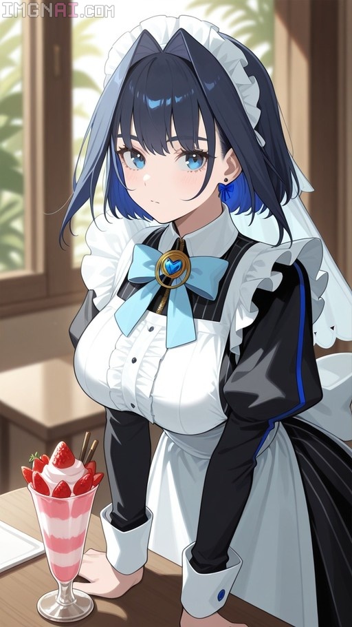 Ouro Kronii in a black and white maid dress with a blue bow stands next to a strawberry parfait on a table.