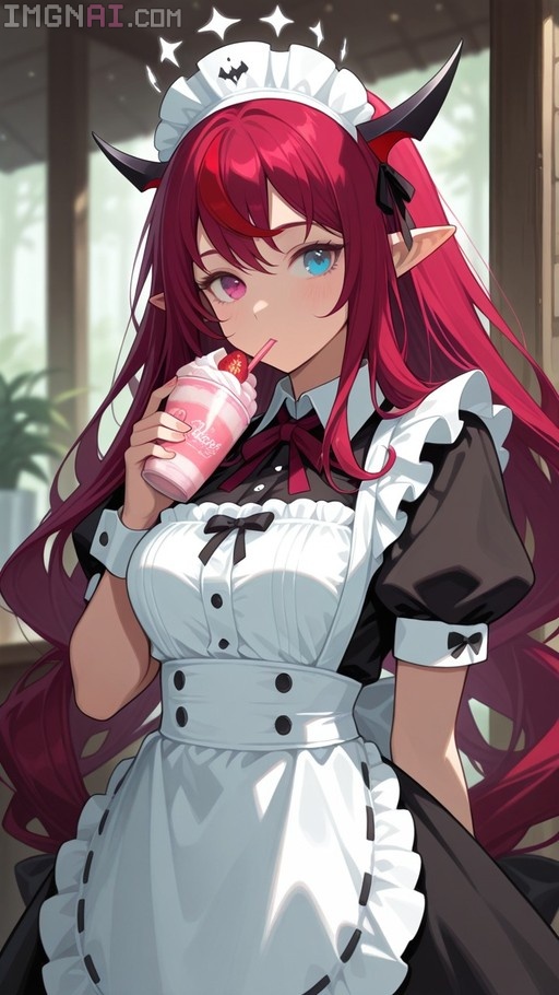 Anime-style illustration of Hololive Irys in a black and white maid dress with long red hair and horns, holding a pink strawberry drink.