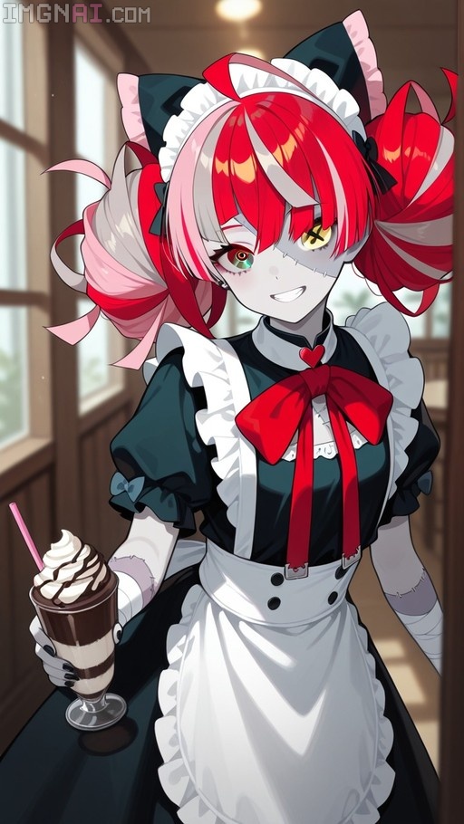 Anime illustration of Kureiji Ollie in a black and white maid outfit with red bow, featuring grey zombie-like skin and heterochromia while holding a chocolate drink.