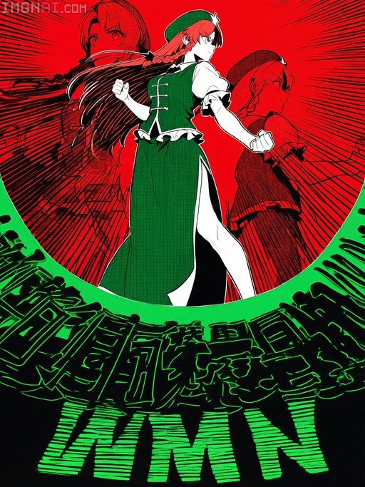 Hong Meiling in a green dress and hat with a star, standing confidently against a red background with speed lines and multiple monochrome versions of herself.