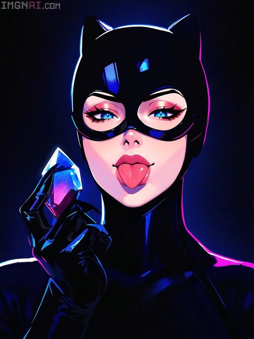 A close-up digital illustration of Catwoman in a black mask and bodysuit playfully sticking out her tongue while holding a large glowing blue gemstone.