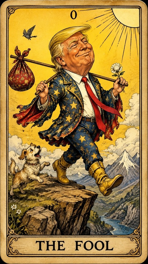 A tarot card illustration of The Fool as a blonde man in a star-spangled suit carrying a bindle, with a dog barking at a cliff edge under a sun.