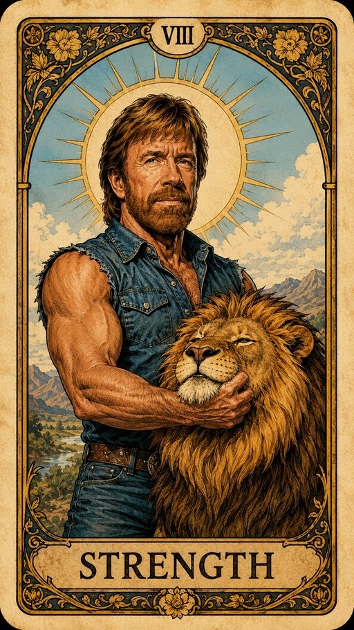 A vintage-style digital illustration of the Strength tarot card showing a bearded man in a denim vest holding a lion's head gently against a backdrop of mountains and a sunburst.
