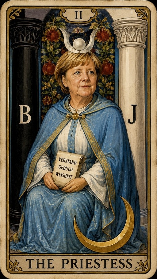 Angela Merkel depicted as the High Priestess tarot card, wearing a blue robe and crescent moon crown while holding a scroll with German text between two pillars.