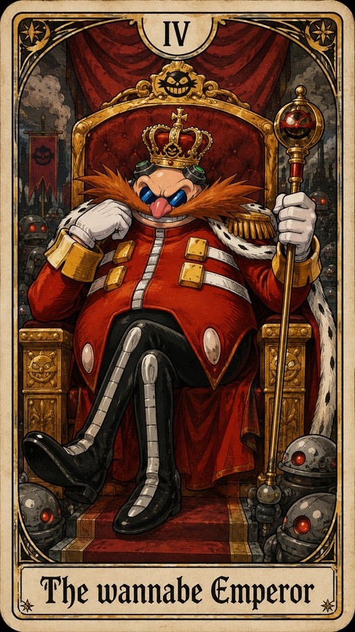 Dr. Eggman sitting on a golden throne holding a scepter in a tarot card style labeled "The wannabe Emperor" with Roman numeral IV at the top.