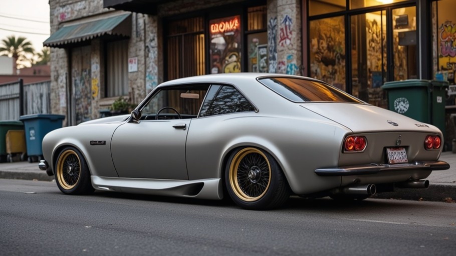 A silver classic sports coupe with gold wire-spoke wheels parked on a street in front of a graffiti-covered building.