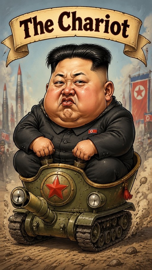 A caricature of Kim Jong Un driving a green tank with a red star emblem, set against a background of missiles and North Korean flags under a banner reading 'The Chariot'.