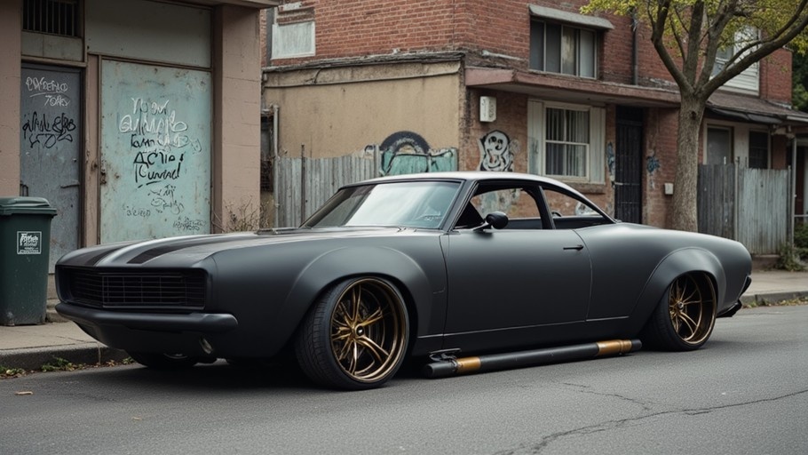 A matte black classic muscle car with gold rims parked on a street in front of brick buildings covered in graffiti.