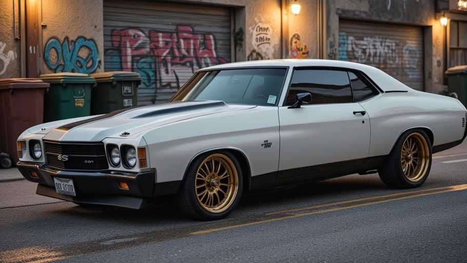 A white Chevrolet Chevelle SS with black racing stripes and gold wheels parked on a city street in front of a building with graffiti.