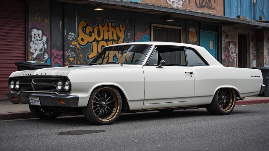 A white 1965 Chevrolet Nova with black and gold rims parked on a city street in front of a wall covered in colorful graffiti.