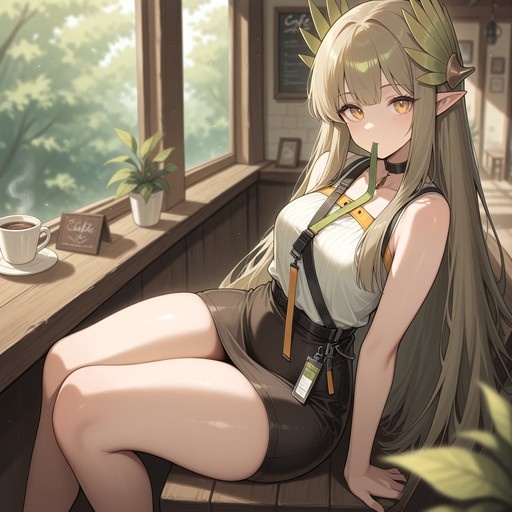 Muelsyse from Arknights sitting by a window with a cup of coffee nearby.