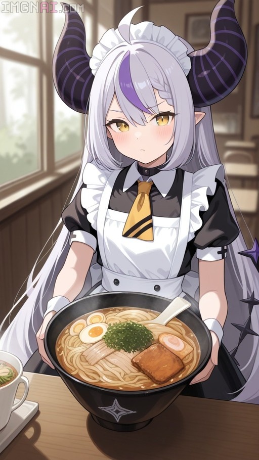La+ from La+ Darknesss wearing a maid outfit and holding a large bowl of ramen.