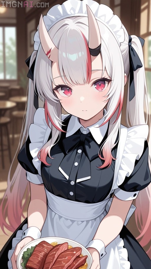 Anime character Nakiri Ayame with white hair, pink streaks, and horns wearing a black and white maid outfit while holding a plate of meat.