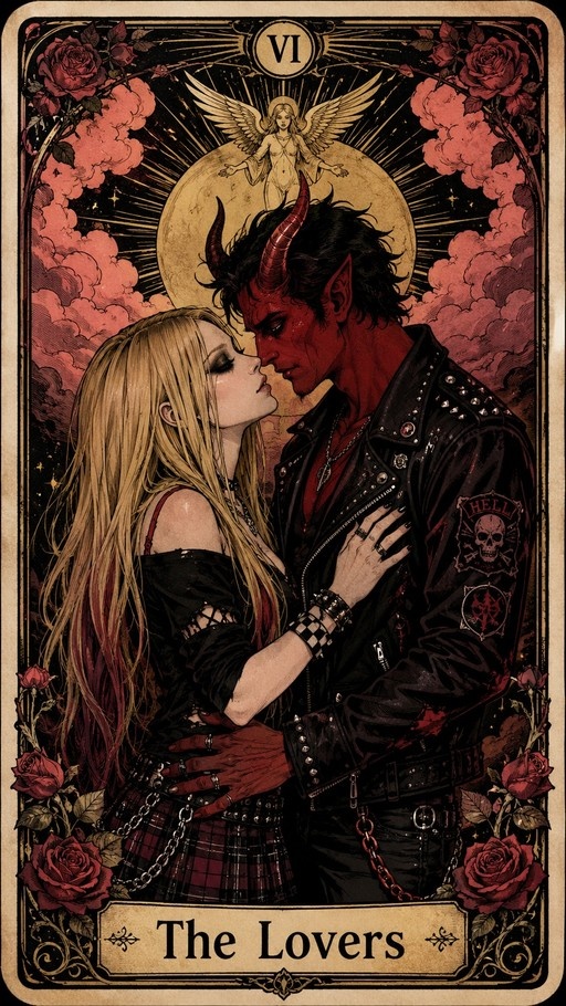Vintage tarot card "The Lovers" featuring a red-skinned horned demon and a blonde woman in goth fashion about to kiss, framed by roses with an angel above.