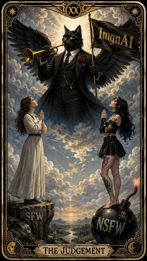 Tarot card 'The Judgement' featuring a winged anthropomorphic black cat in a suit playing a trumpet and holding an ImgAI flag above two women; one stands on a cliff marked SFW, the other on a large bomb with a skull symbol.
