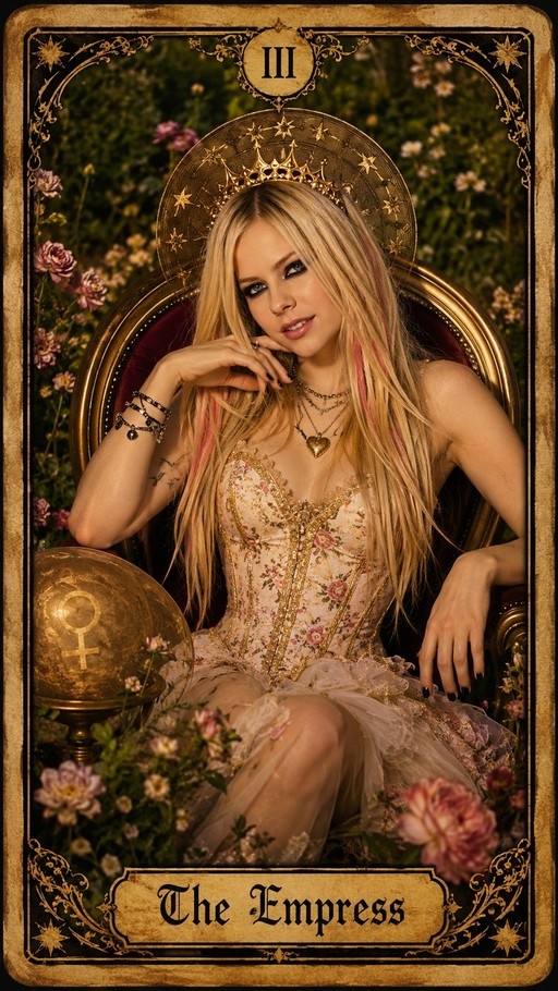 A woman with blonde hair and pink streaks sits on a throne as The Empress tarot card, wearing a floral dress and crown in a garden setting.