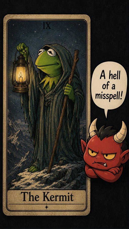 A tarot card showing a green frog in a cloak holding a lantern, next to an angry red devil saying "A hell of a misspell!".
