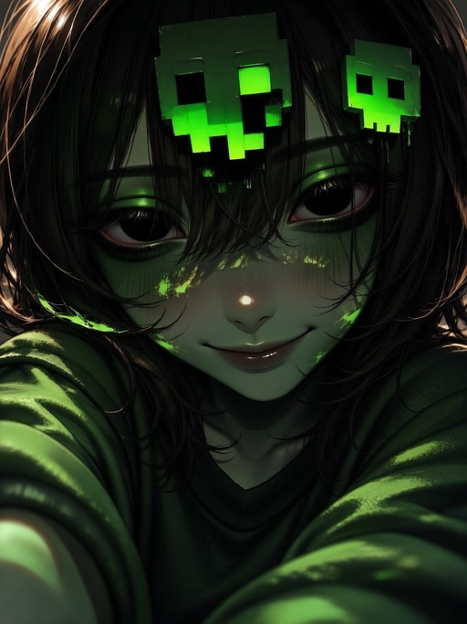 A close-up of an anime-style girl with dark hair wearing two glowing green pixelated skull hair ornaments that resemble Creepers, illuminated by a soft green light.
