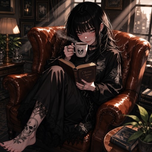 A barefoot anime girl with long black hair and a large skull tattoo on her leg sits in a brown leather armchair reading a book while holding a steaming mug with a skull design, looking towards the viewer.