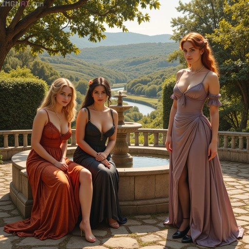 Three women in elegant historical gowns pose by a stone fountain in a garden overlooking a river valley.