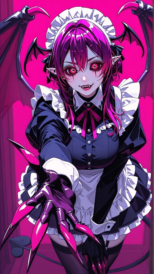 Anime demon maid with pink hair and bat wings reaching out with clawed hand