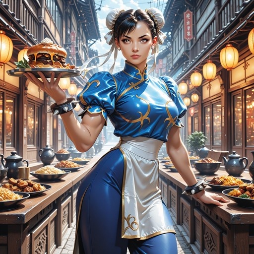 Chun-Li in her blue dress and white apron holding a silver tray with a large burger in a traditional Asian street market.