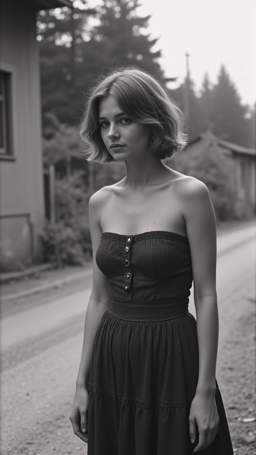 A black and white photograph of a young woman with short wavy hair wearing a dark strapless button-front dress standing outdoors on a road.
