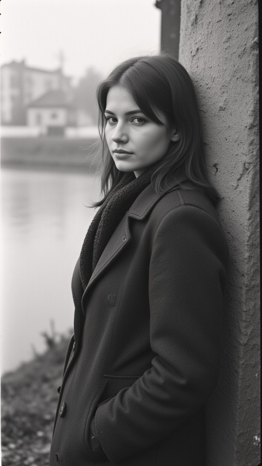 A young woman with long dark hair wearing a dark coat and scarf leans against a wall outdoors, looking at the camera.