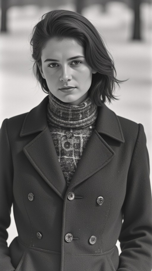 A black and white photograph of a young woman with short dark hair wearing a dark coat and patterned turtleneck, looking directly at the viewer.