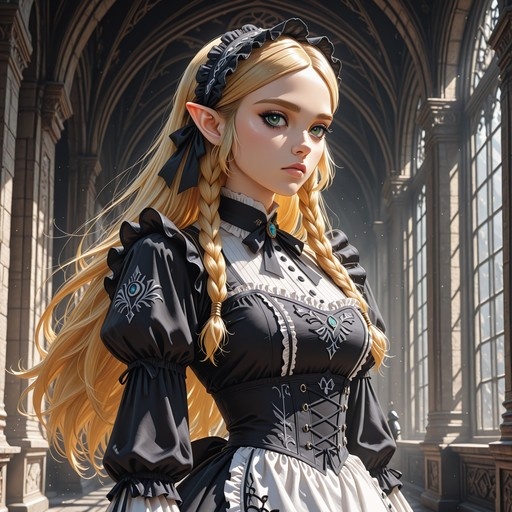 Princess Zelda with long blonde braids and pointed ears wearing a detailed black and white maid dress with Triforce emblems inside a sunlit stone hall.
