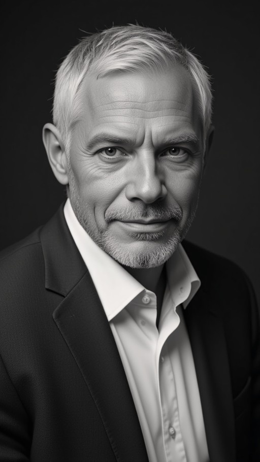 Realistic black and white portrait of an older man with short grey hair and a beard wearing a suit jacket.