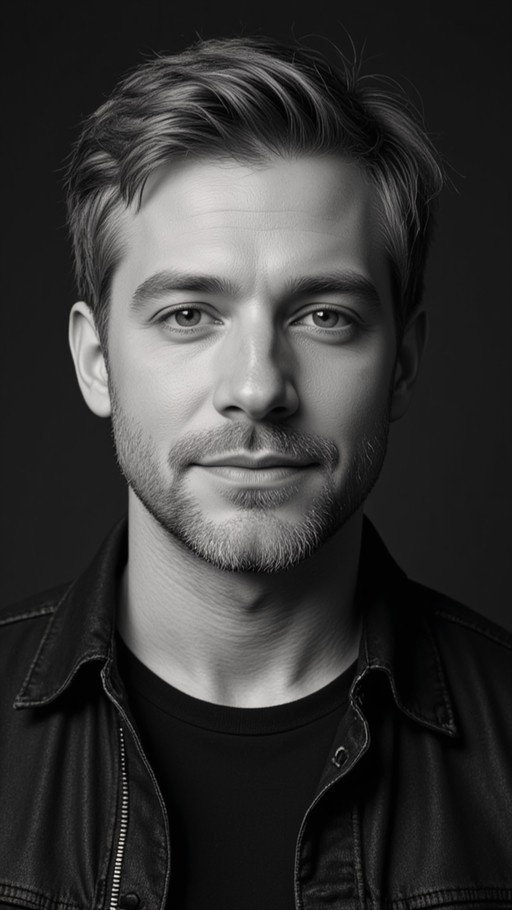 A black and white close-up portrait of a young man with short hair and stubble wearing an open jacket and looking at the camera.